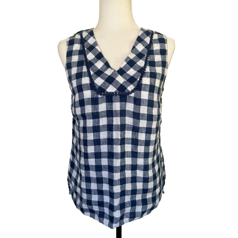 TALBOTS Sleeveless Top Size XS Navy Blue White Check V-Neck 100% Linen